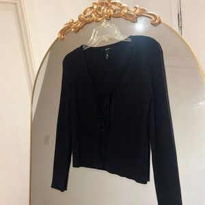 Aqua Black Ribbed Cardigan with Tie-Front